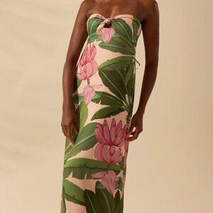 tropical print bridesmaid dresses Mexico Style Tropical Print Ring Cutout Lace-up Vacation Maxi Dress, White / L